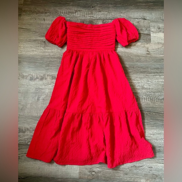 A&F Emerson Poplin Puff Sleeve Midi Dress Small Petite Off the Shoulder Red - Picture 3 of 5